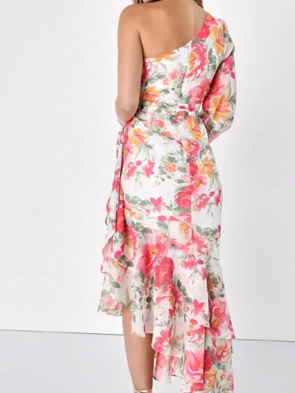 Lulu's Graceful Essence Long Sleeve Asymmetric Hem Dress, LARGE, WHITE FLORAL - Picture 3 of 9